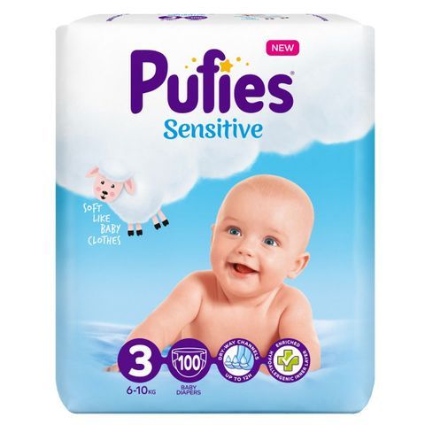 Пелени Sensitive Pufies 3, 6-10 кг. 100 броя + подарък мокри кърпи