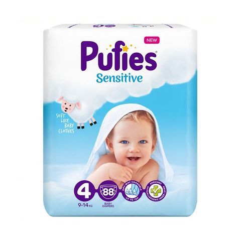Пелени Sensitive Pufies 4, 9-14 кг. 88 броя + подарък мокри кърпи