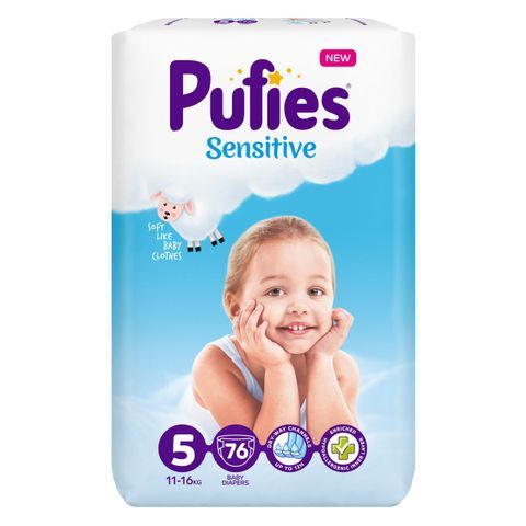 Пелени Sensitive Pufies 5, 11-16 кг. 76 броя + подарък мокри кърпи