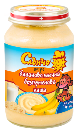 Пюре бананово млечна безглутенова каша Слънчо - 4+ месеца, 190 гр.