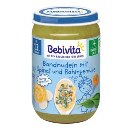 Пюре макарони със спанак, зеленчуци и сметана Bebivita -12+ месеца, 250 гр.