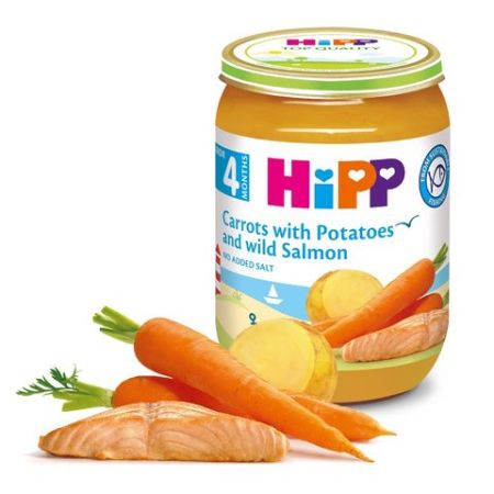 Пюре ранни моркови с картофи и сьомга Hipp - 4+ месечна, 190 гр. 