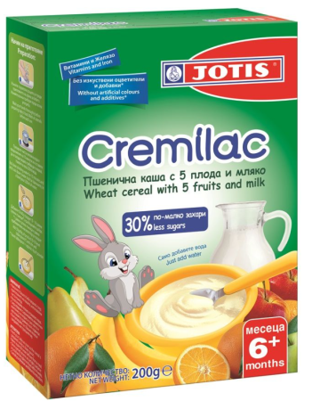 Пшенична каша с 5 плода и мляко Cremilac Jotis - 6+ месеца, 200 гр.