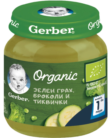 Пюре зелен грах, броколи и тиквички Nestle GERBER Organic - Моето първо пюре, 6+ месеца, 125 гр.