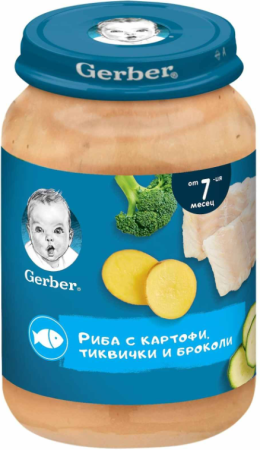 Пюре риба, картофи, тиквички и броколи Nestlé GERBER - 7+ месеца, 190 гр.