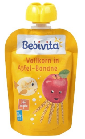 Плодова закуска пълнозърнести култури с ябълка и банан Bebivita - 12+ месеца, 90гр.