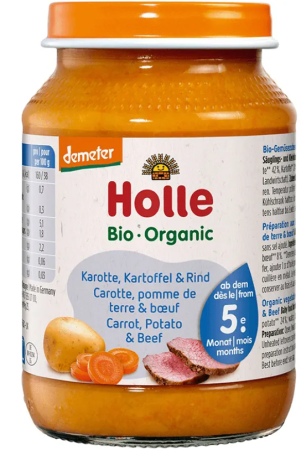 Пюре Био моркови, картофи и говеждо месо Holle - 5+ месеца, 220 гр.