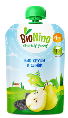 Био пауч плодова закуска круша и слива BioNino - 4+ месеца, 90 гр.