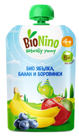 Био пауч плодова закуска ябълка, банан и боровинки BioNino - 4+ месеца, 90 гр.
