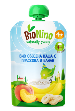 Био пауч плодова закуска овесена каша, праскова и банан BioNino - 4+ месеца, 90 гр.