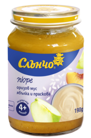 Пюре оризов мус ябълка и праскова Слънчо - 4+ месеца, 190 гр.