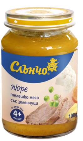 Пюре телешко месо със зеленчуци Слънчо - 4+месеца, 190 гр.