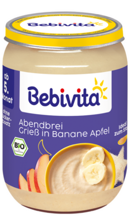 Млечна Био каша грис, банан и ябълка "Лека нощ" Bebivita, 5+ месеца, 190 гр.