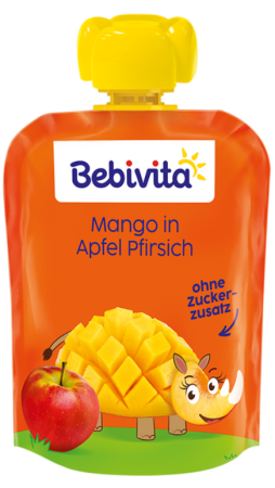 Плодова закуска ябълка с манго и праскова Bebivita - 12+ месеца, 90 гр.