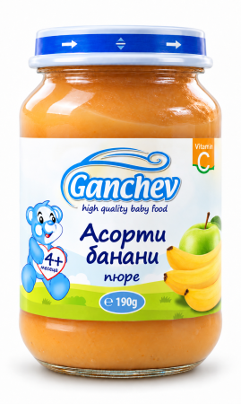 Пюре асорти с банани Ганчев - 4 + месеца, 190 гр.