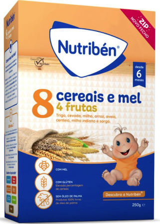 Nutribén Безмлечна каша с 8 зърнени култури, мед и 4 плода - 6+ месеца, 250 гр.