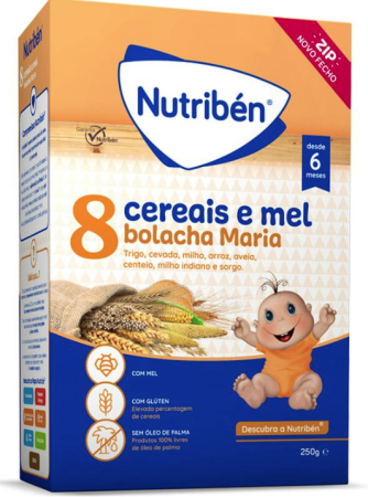 Nutribén Безмлечна каша с 8 зърнени култури, мед и бисквити Мария - 6+ месеца, 250 гр.