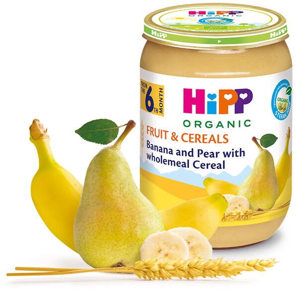 Пюре Био каша круша и банан с пълнозърнести култури HiPP- 6+ месеца, 190 гр.