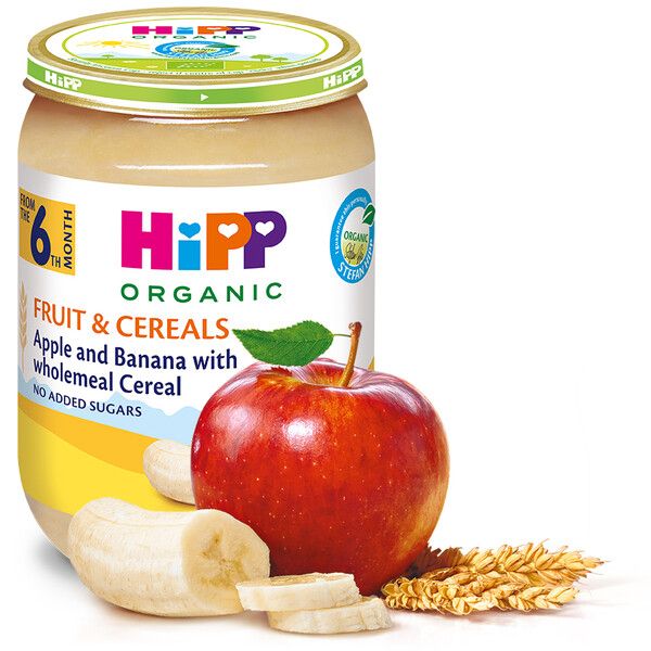 Пюре Био ябълки и банани с пълнозърнести култури HiPP - 6+ месеца, 190 гр.