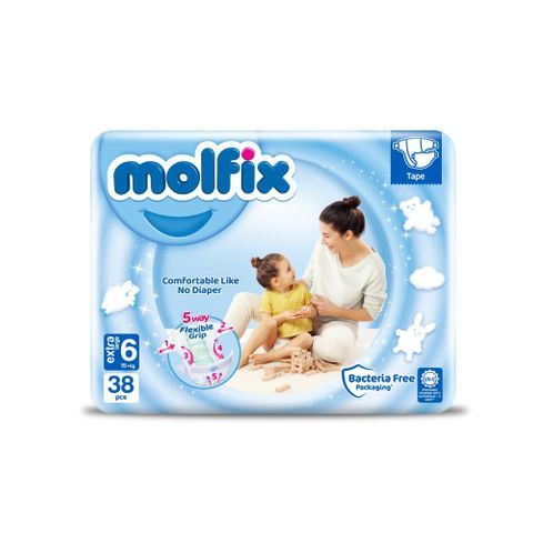 Бебешки пелени Molfix - Extra Large 6, 15+ кг., 38 броя + подарък мокри кърпи