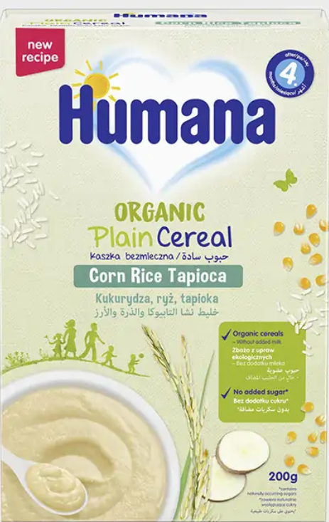 Безмлечна БИО каша тапиока, ориз и царевица Humana - 4+ месеца, 200 гр.