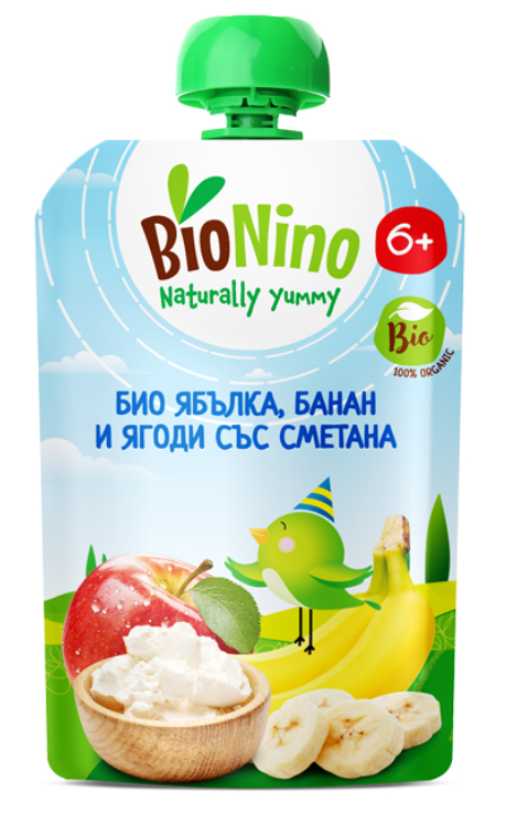 Био пауч плодова закуска с ябълка, банан и ягоди със сметана BioNino - 6+ месеца, 90 гр.