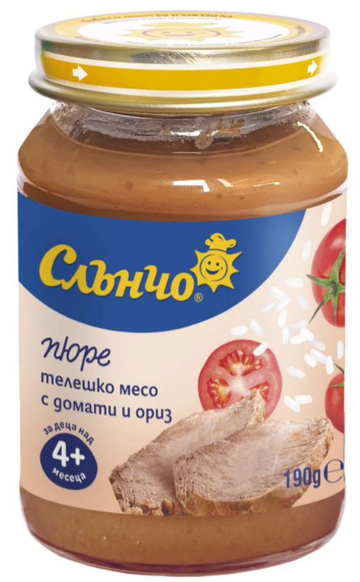 Пюре телешко месо с домати и ориз Слънчо - 4+ месеца, 190 гр.