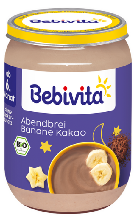 Млечна Био каша грис с банан и шоколад "Лека нощ" Bebivita - 6+ месеца, 190 гр.