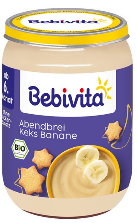 Млечна Био каша грис с банани и бисквити "Лека нощ"  Bebivita - 6+ месеца, 190 гр.