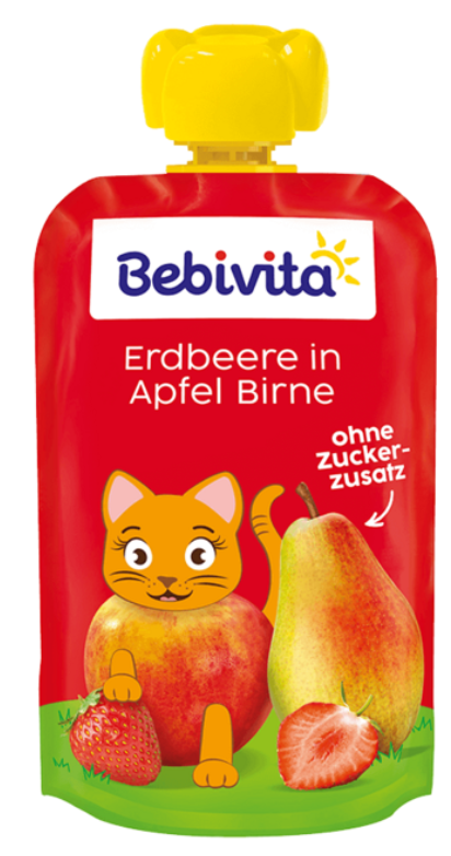 Плодова закуска от ягода с ябълка и круша Bebivita - 12+ месеца, 90 гр.