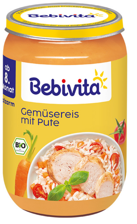 Пюре Био зеленчуци, ориз и пуешко Bebivita - 8+ месеца, 220 гр.