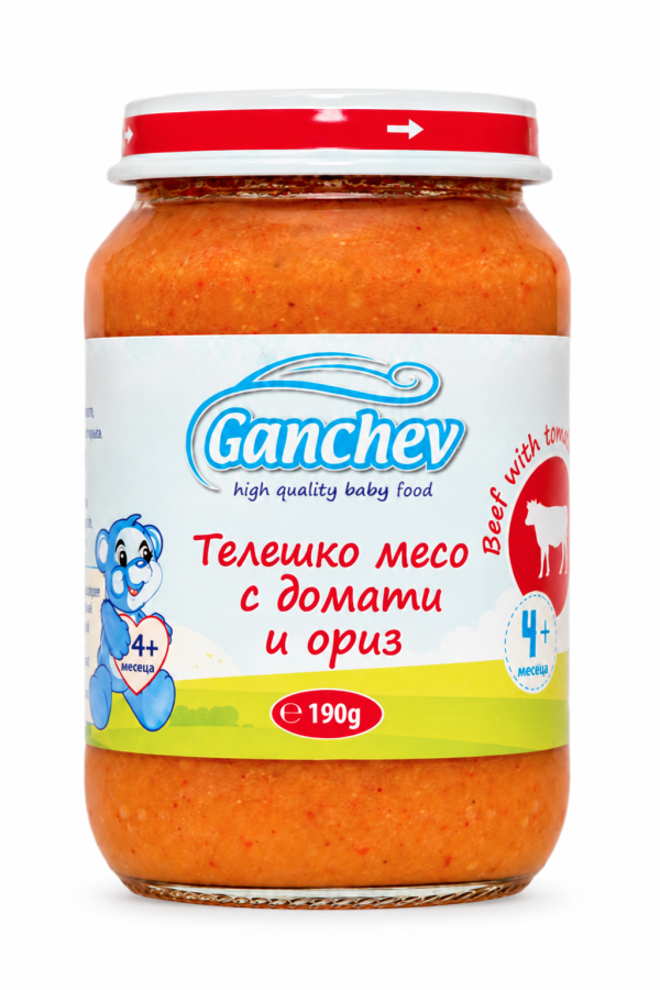 Пюре телешко месо с домати и ориз Ганчев - 4+ месеца, 190 гр.