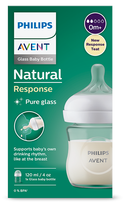 Бебешка стъклена бутилка Philips Avent Natural Response 120 мл. с биберон среден поток Flow 2, 0+ месеца SCY930/01