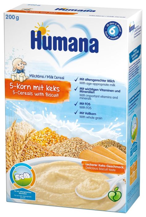 Млечна каша 5 зърна с бисквити Humana - 6+ месеца, 200 гр.