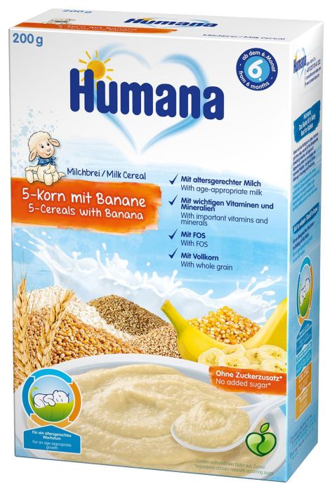  Млечна каша 5 зърна с банан Humana - 6+ месеца, 200 гр.