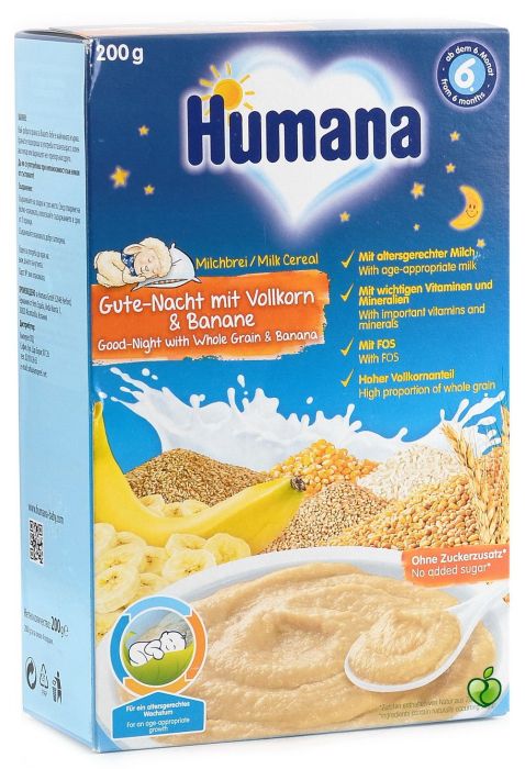 Млечна пълнозърнеста каша "Лека нощ" с банан Humana - 6+ мeсеца, 200 гр.
