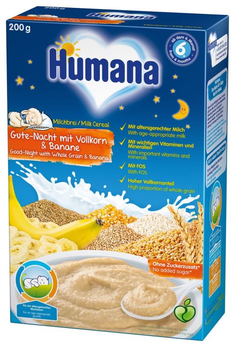 Млечна пълнозърнеста каша "Лека нощ" с банан Humana - 6+ мeсеца, 200 гр.