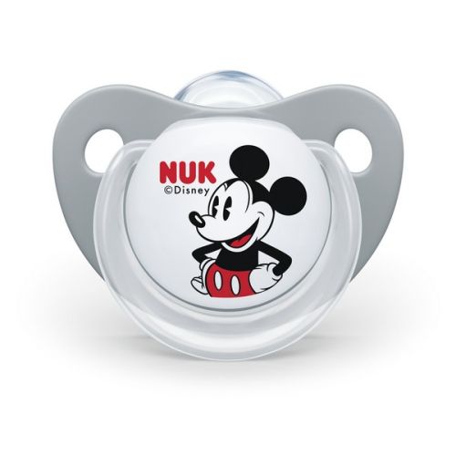 Биберон залъгалка, силикон 6-18 месеца NUK Mickey с кутийка за съхранение и стерилизация в микровълнова