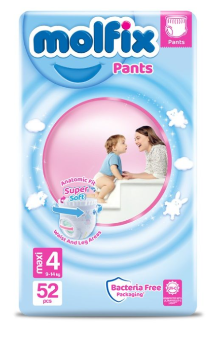 Бебешки пелени Molfix Pants 4, 9-14 кг., 52 бр. +подарък мокри кърпи