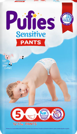 Пелени гащи Sensitive Pants Pufies  5, 12-17кг. 66 броя + подарък мокри кърпи