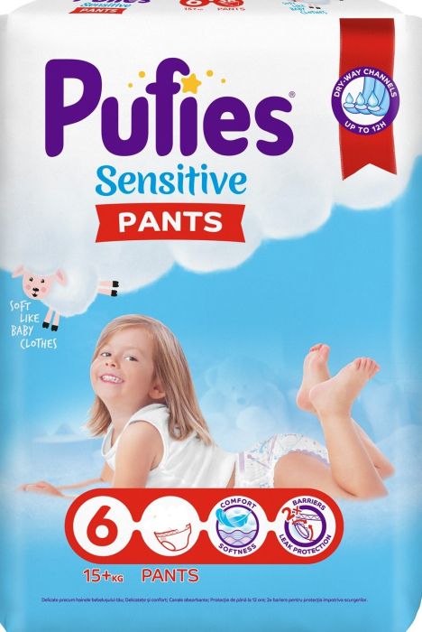 Пелени гащи Sensitive Pants Pufies 6, 15+ кг. 60 броя + подарък мокри кърпи