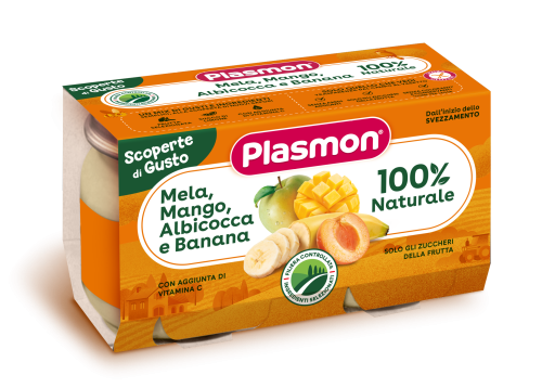 Пюре ябълка, манго, кайсия и банан Plasmon - 6+ месеца, 208 гр. (2х104гр.)