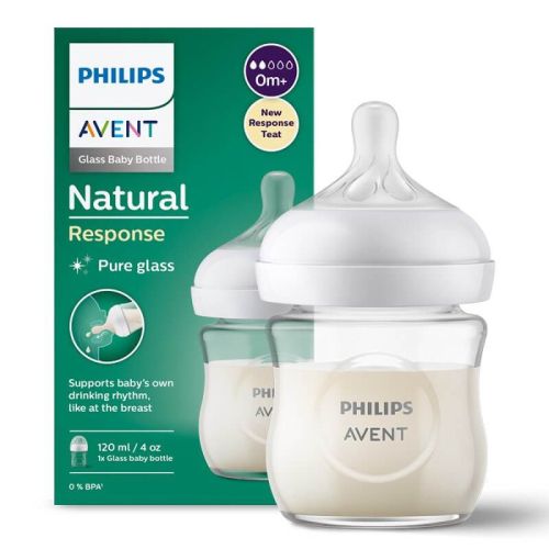 Стъклена бебешка бутилка Natural Response с биберон със среден поток 120 мл. 0+ месеца Philips Avent 
