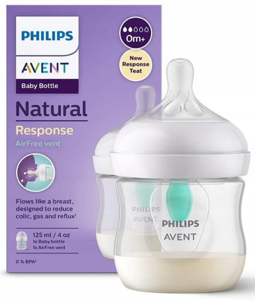 Бебешка бутилка Natural Response с клапа Airfree и биберон със среден поток 125 мл. 0+ месеца Philips Avent 
