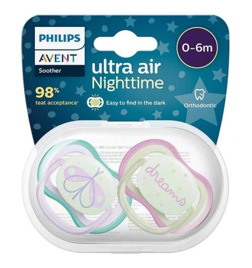 Philips Avent Ultra Air Nighttime Ортодонтична светеща залъгалка с кутийка 0-6М мечти 2 бр.