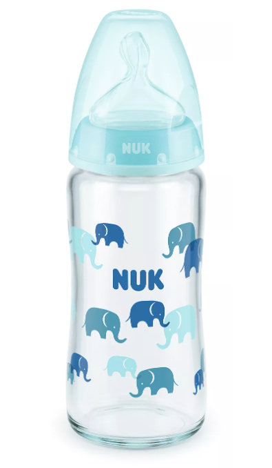 NUK First Choice стъклено шише Temperature Control със силиконов биберон за хранене 0-6 месеца, 240мл. 