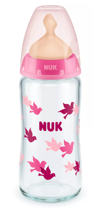 NUK First Choice стъклено шише Temperature Control с каучуков биберон за хранене 0-6 месеца, 240 мл.