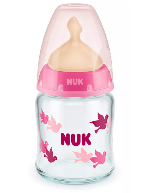 NUK First Choice стъклено шише Temperature Control с каучуков биберон за хранене 0-6 месеца, 120 мл.