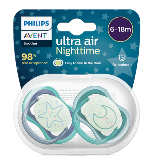 Philips Avent Ultra Air Nighttime, Силиконови ортодонтични залъгалки, 6-18 месеца, 2 бр.