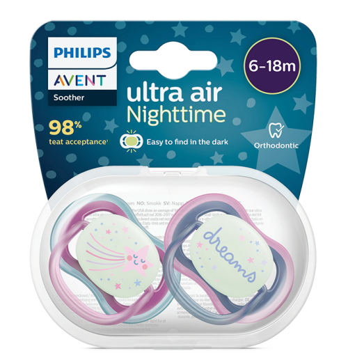 Philips Avent Ultra Air Nighttime, Силиконови ортодонтични залъгалки Dreams, 6-18 месеца, 2 бр.